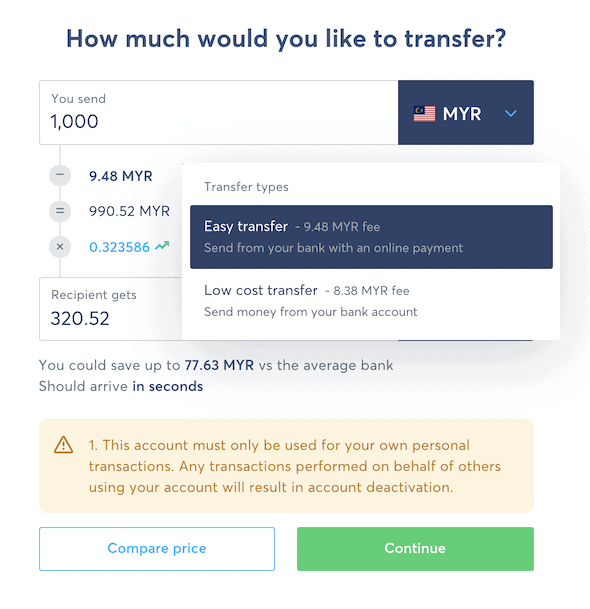 Wise國際匯款02b_選擇Easy Transfer或Low Cost Transfer
