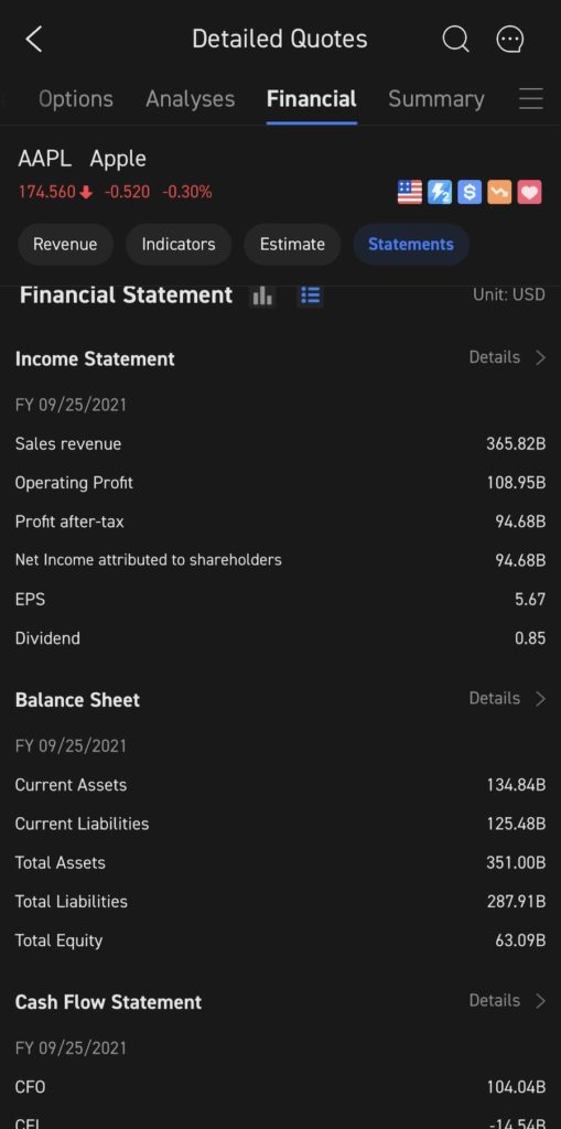 moomoo交易平台提供全面的財務數據