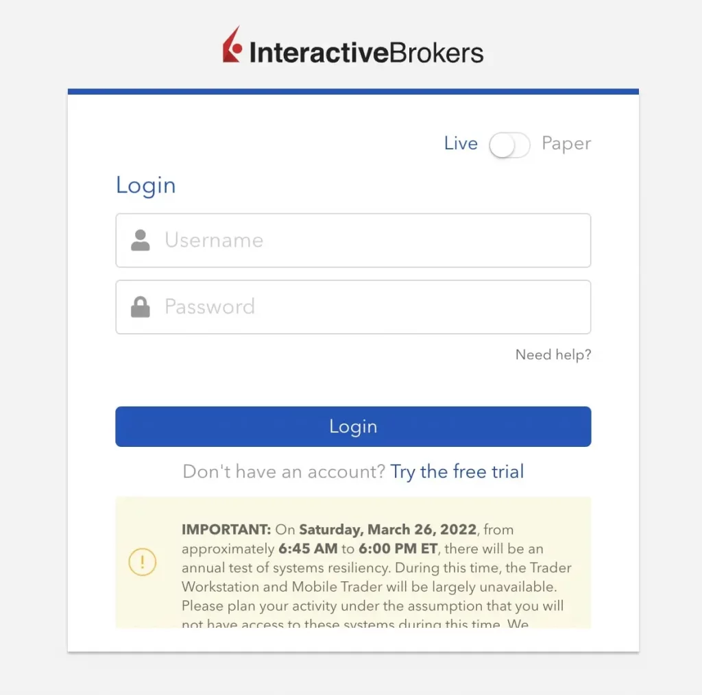 登入Interactive Brokers賬戶，可選擇真實或虛擬賬戶