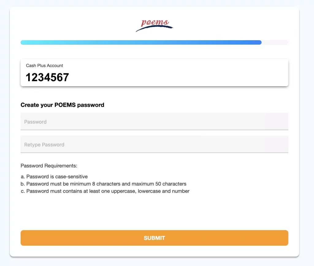 POEMS開戶第七步02_輸入一組自定義密碼以登入個人賬戶後點擊Submit提交開戶申請